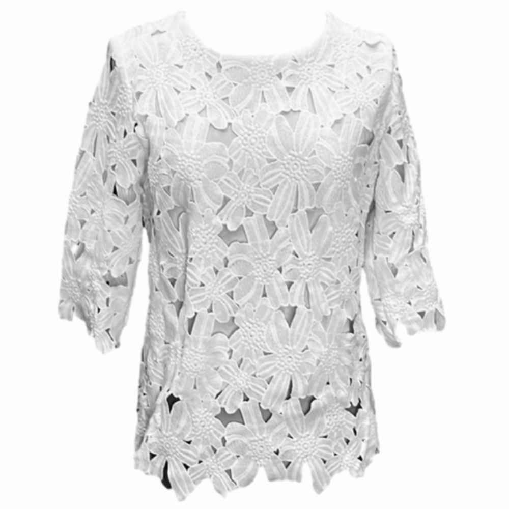 SHEIN Embroidered 3/4 Sleeve Floral White Lace Top Size Small
